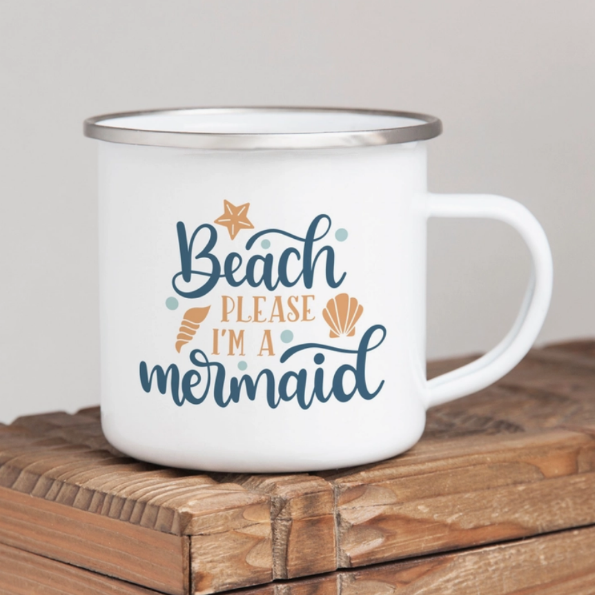 Beach please I'm a mermaid campfire style enamel wild swim mug.