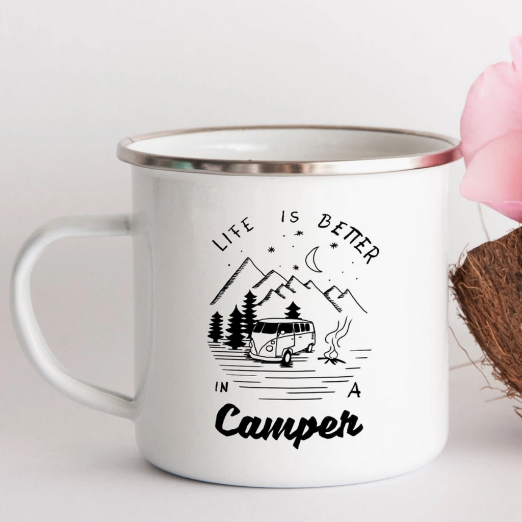 Life is better in a camper vintage vw style campervan enamel campfire style mug.