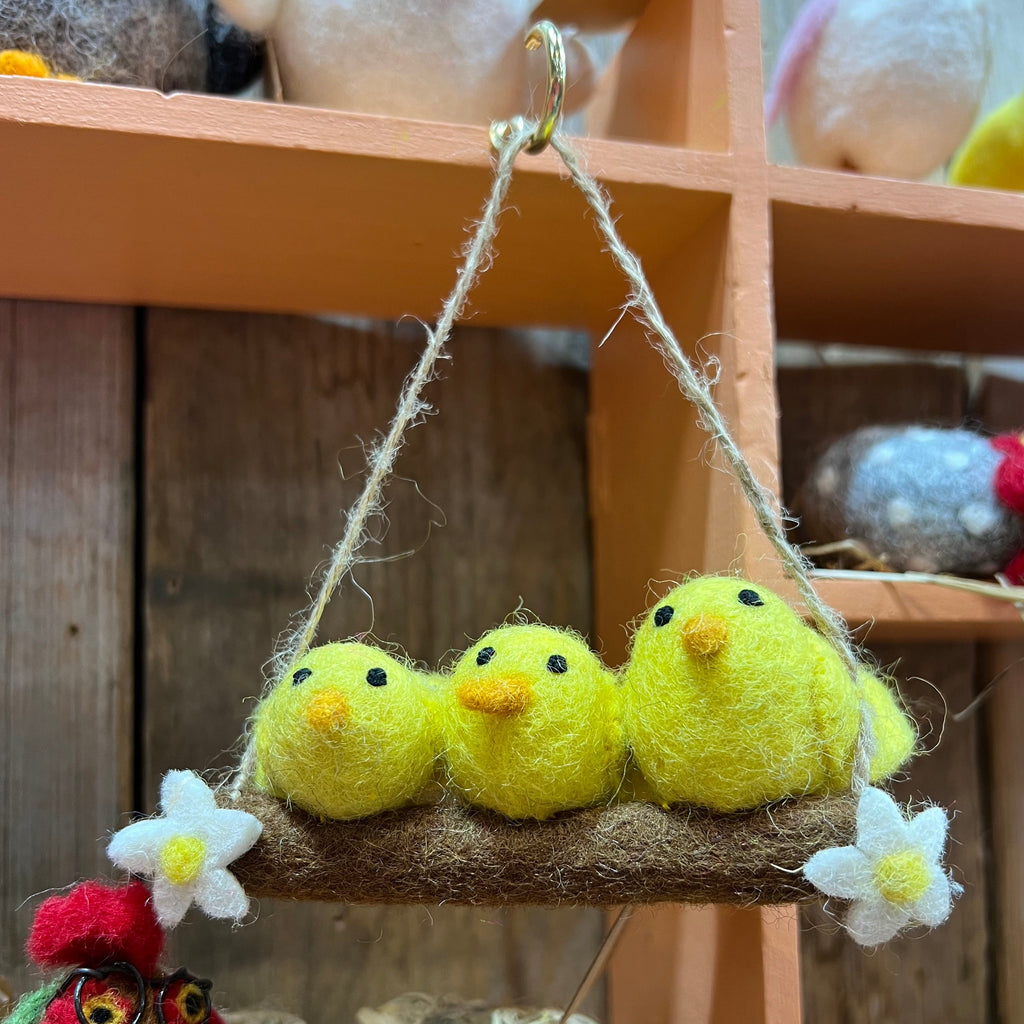 handcrafted felt 3 easter chicks on branch hanging easter decoration