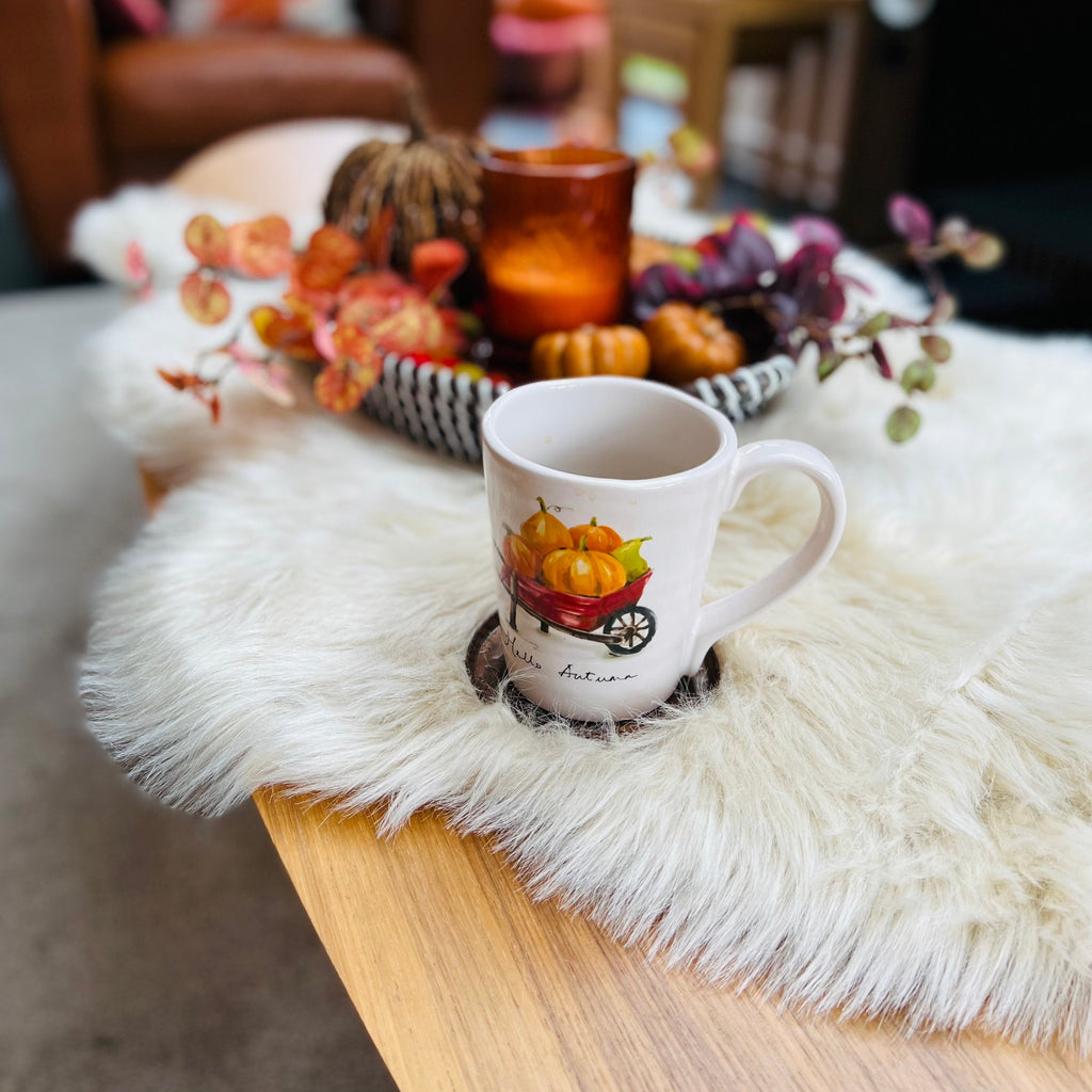 natural colour faux sheepskin rug over coffee table with autumn decor